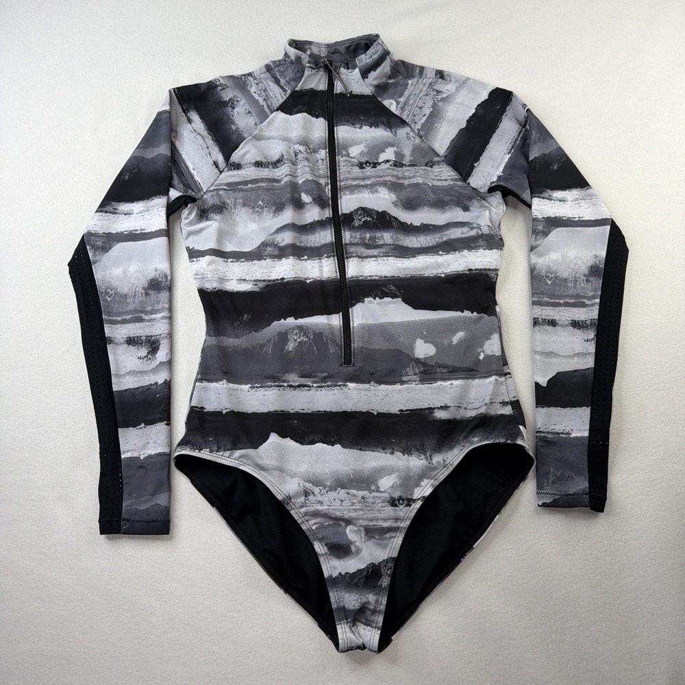 Nike Swim Adventure Women L Long Sleeve One Piece Swimsuit Black Gray Zip